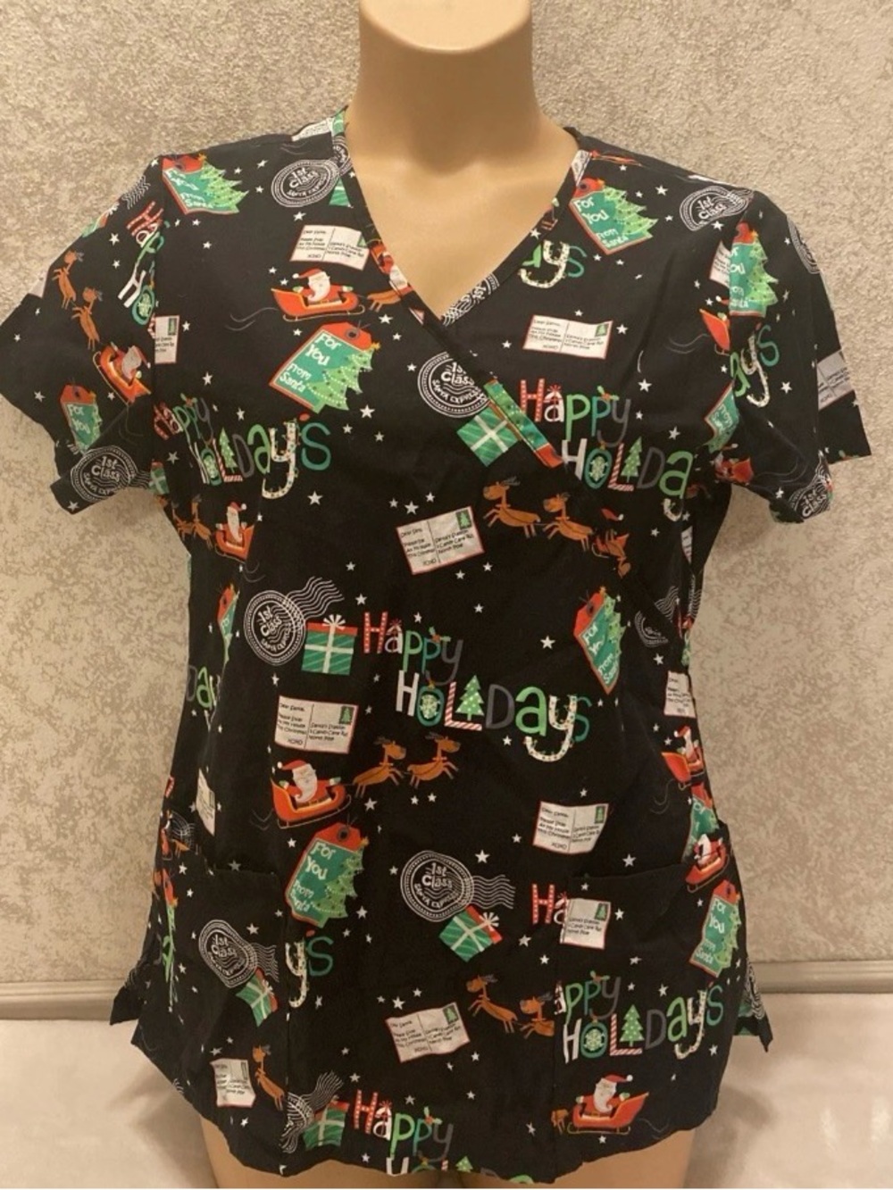 Scrubstar Women's V-Neck Holiday Scrub Top Black Multicolor Christmas Print
